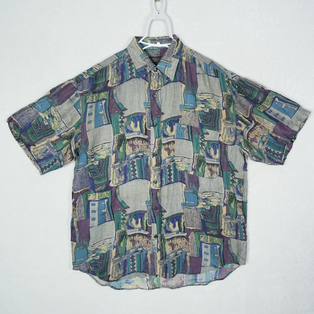 Original Label Novin Mens Medium 100% Silk Abstract Geometric Short Sleeve Shirt